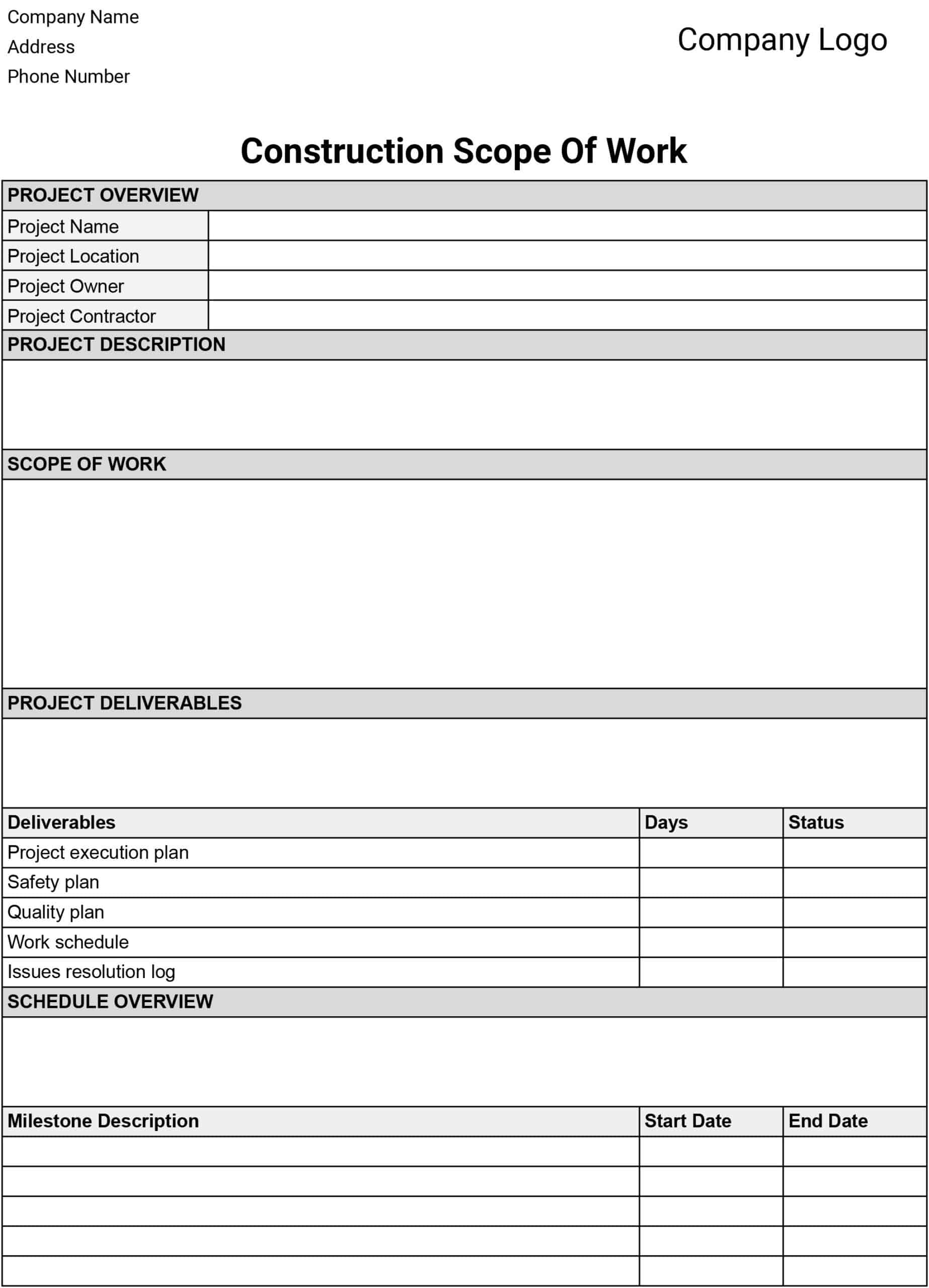 Scope Of Work Construction Templates Download & Print for Free